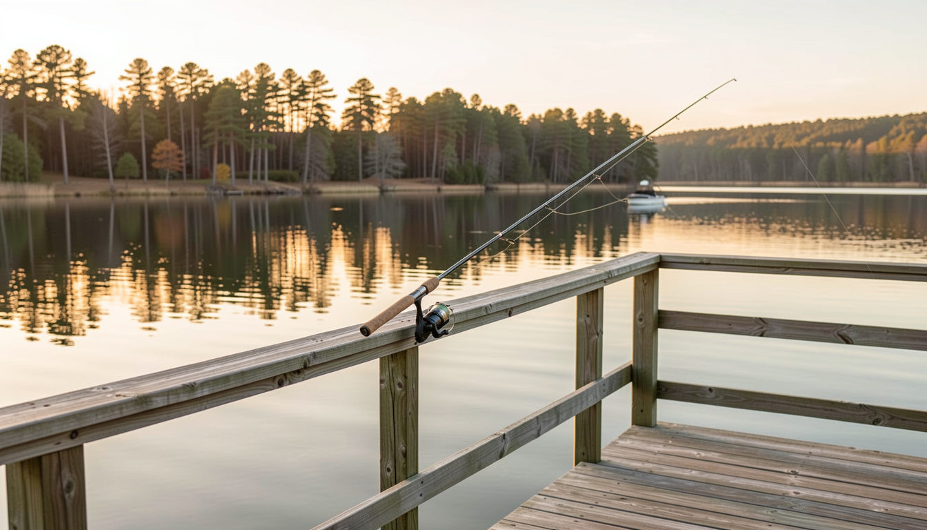 A wooden dock on Eagle Lake at sunrise, a fishing rod resting on the railing, calm water reflecting pine trees, soft golden light, wide shot.
