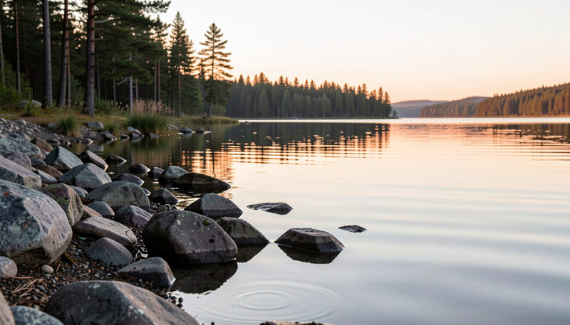 Rocky shoreline of a northern lake at sunset with pine trees reflected in still water