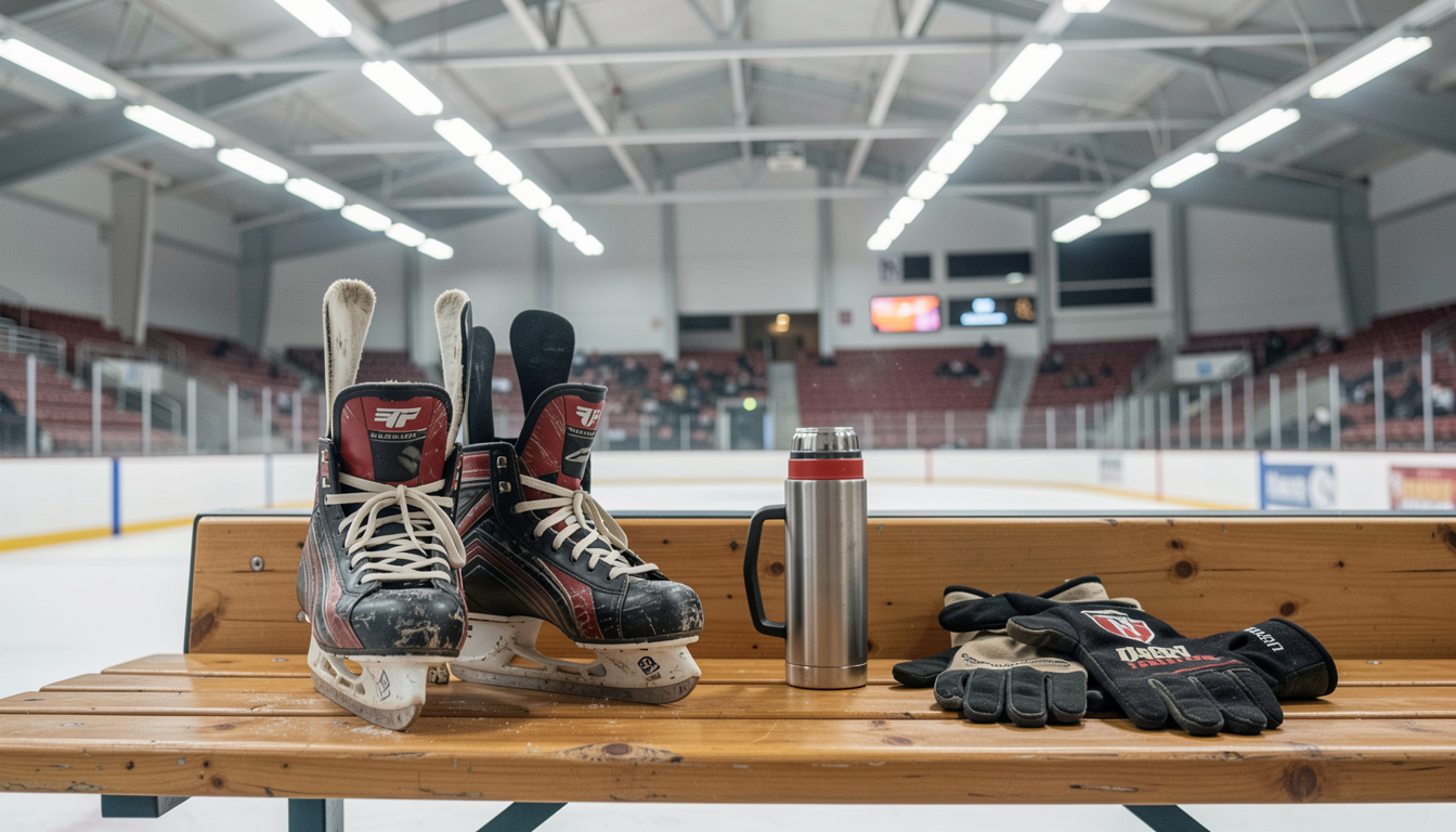 A pair of worn hockey skates resting on a wooden bench inside a cold arena, with a thermos and gloves beside them, lit by overhead fluorescent lights.