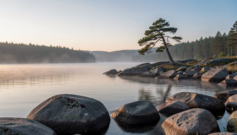 Quiet bay of a boreal lake at first light with granite boulders and a single wind bent pine on a rocky point
