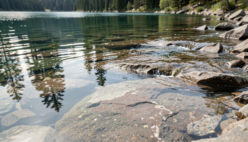 Clear shallow lake water running over a submerged granite reef with spruce reflected on the surface