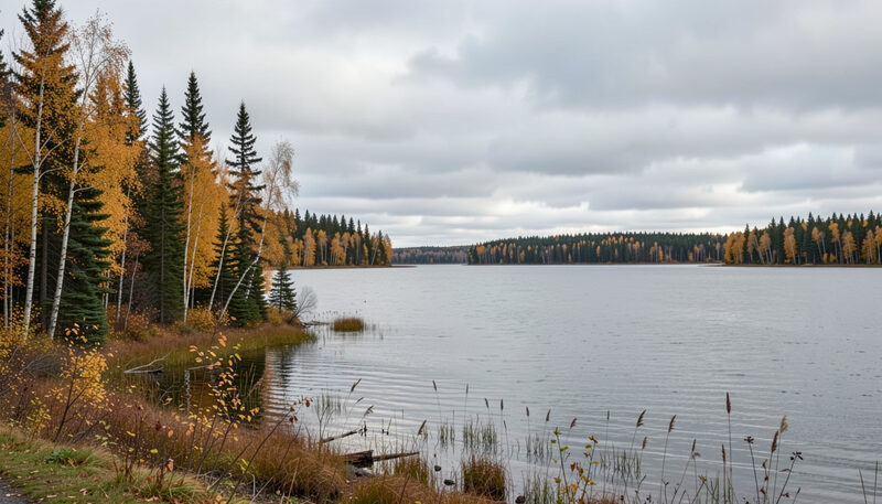 Autumn shoreline of a northern Ontario lake with yellow birch among black spruce under low grey cloud