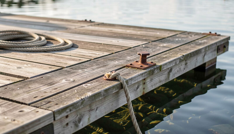 Weathered dock planks with a rusted cleat and a coiled rope above clear lake water in morning light