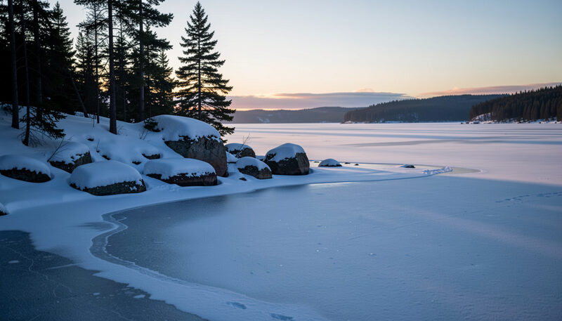 Frozen edge of a northern lake at dusk with snow covered rocks and black spruce silhouettes on blue ice