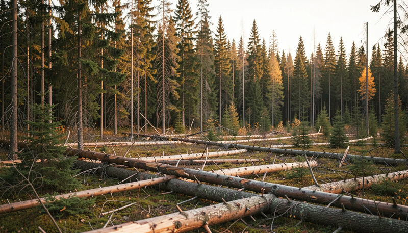 Boreal forest clearing with fallen logs and dense spruce under low autumn light, no people present
