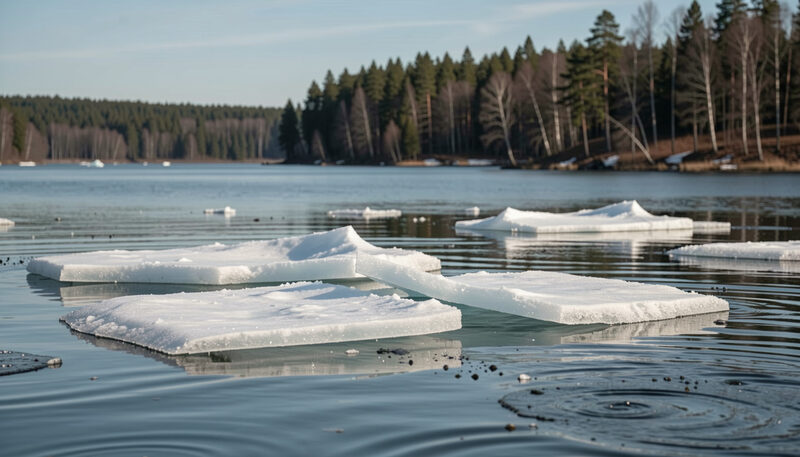 Broken spring ice sheets drifting on a northern lake with flooded shoreline forest behind