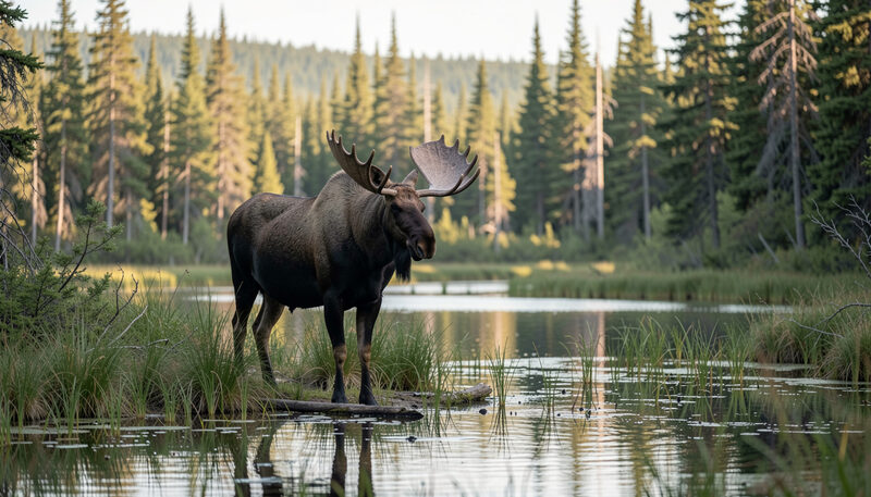 Bull moose standing at edge of a marshy pond surrounded by boreal forest in morning light
