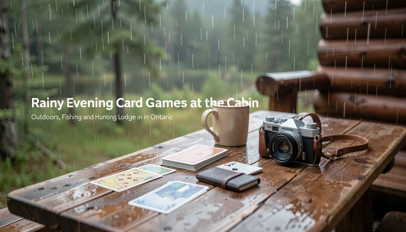 A worn deck of playing cards, a cribbage board and two enamel mugs on a cabin table under a warm lamp