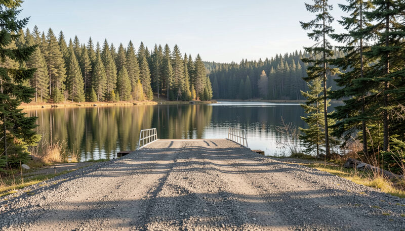 A low granite outcrop on the windward shore of Eagle Lake at first light, calm water with faint surface rings from baitfish, a loon silhouette in the middle distance, framed from a seated position behind the rock