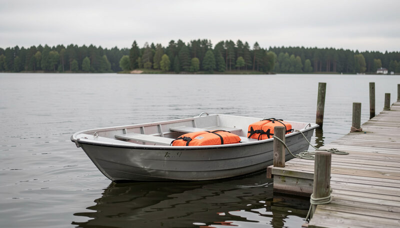 A weathered cedar dock on a northern lake in late October, boards grey and frost-bright, a single upturned aluminium boat on the shore behind it, low morning light raking across bare birch and flat water, shot from the shore at eye level