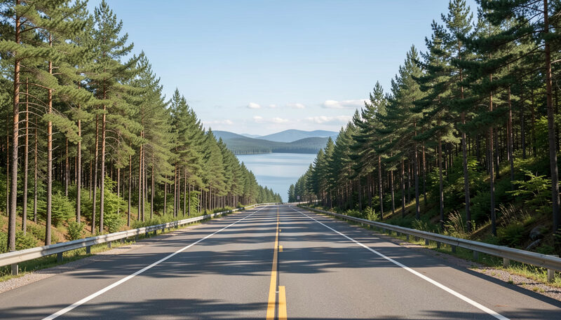 Empty two lane highway through pine forest approaching a lake with distant hills under blue sky
