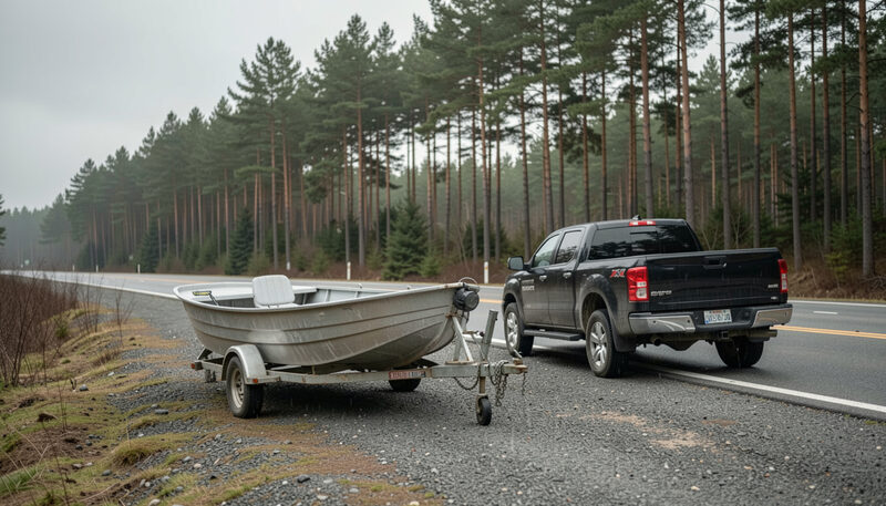 An empty aluminium boat on a trailer behind a parked pickup truck on the gravel shoulder of a forest highway