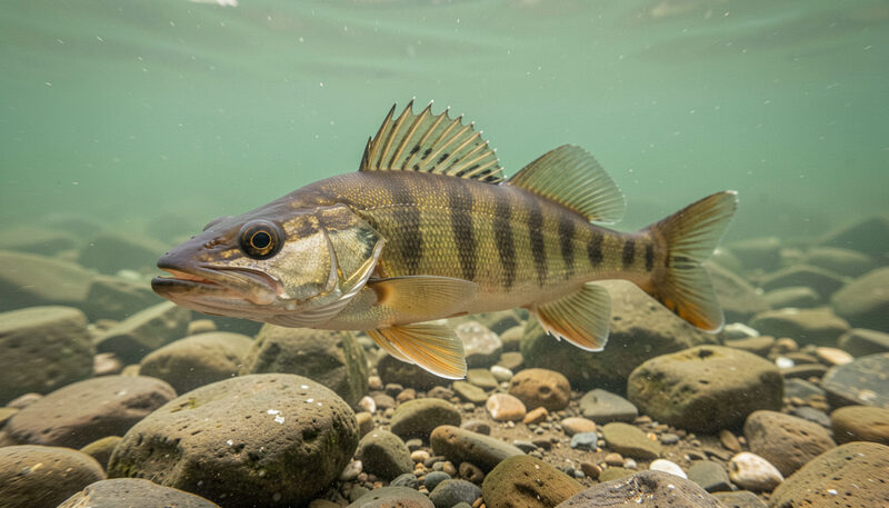 A walleye with glassy eyes and barred olive flanks holding above a rocky lake bottom in clear green water